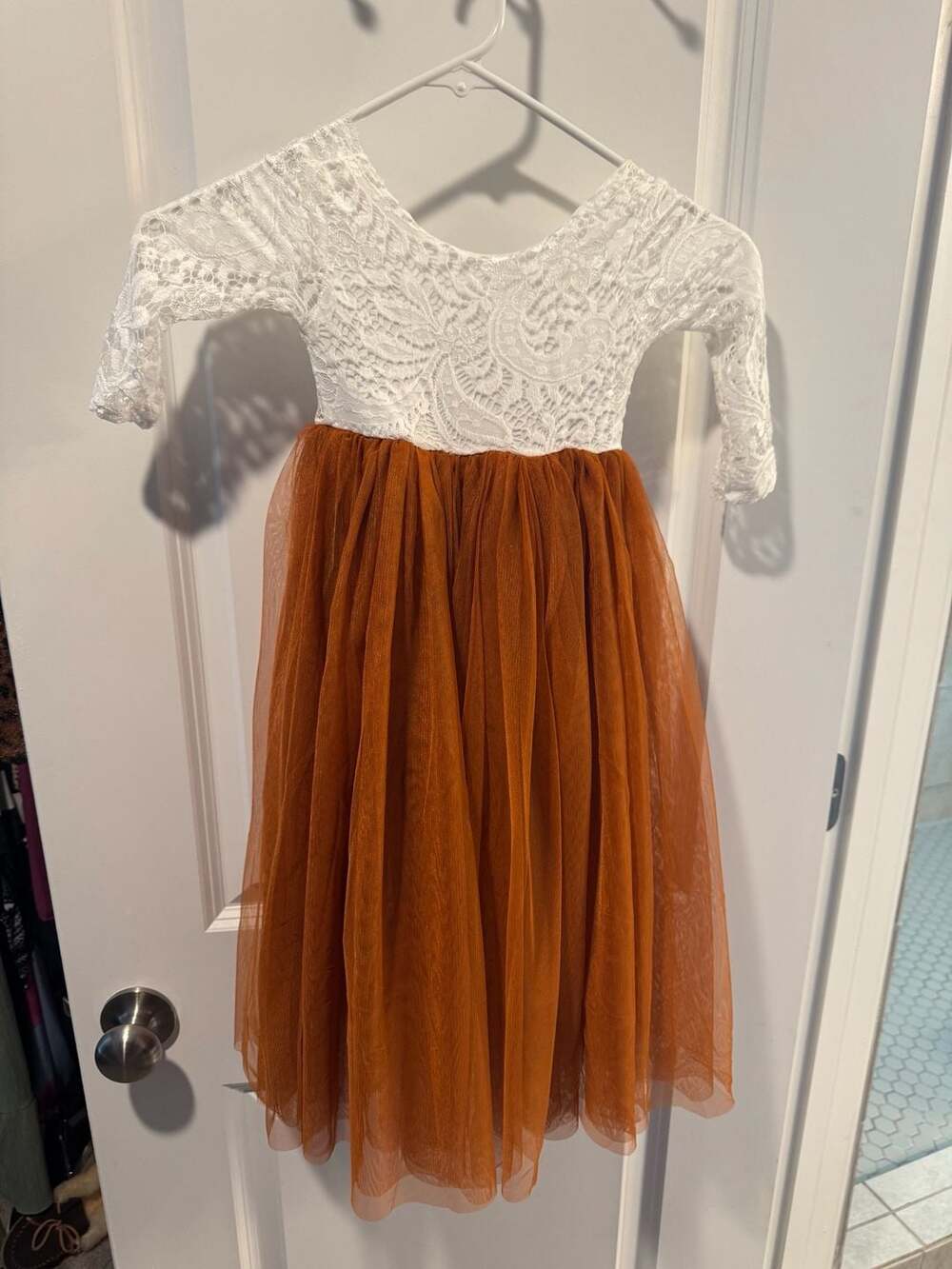 Topmaker Toddler Girls' Long Sleeve Lace and Tulle Flower Girl Dress in Rust Ora